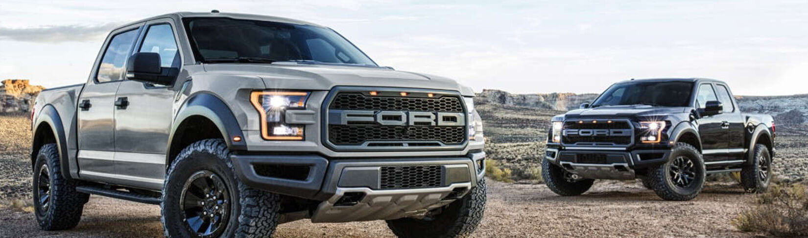 Two Ford pickup trucks parked near each other in the desert.